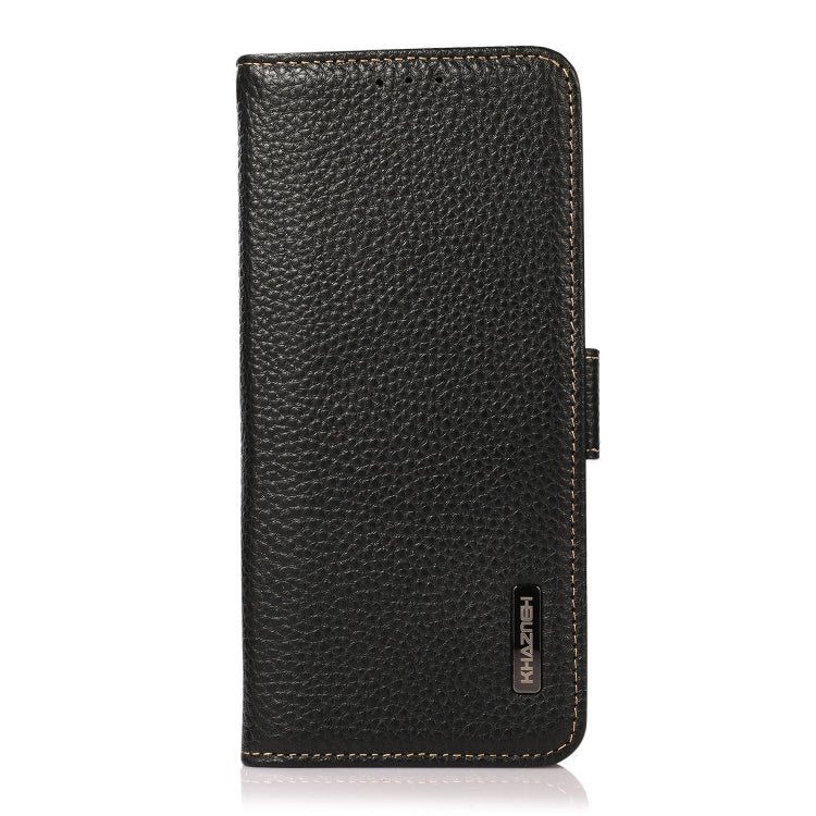 For iPhone 16e KHAZNEH Side-Magnetic Litchi Genuine Leather RFID Case(Black)