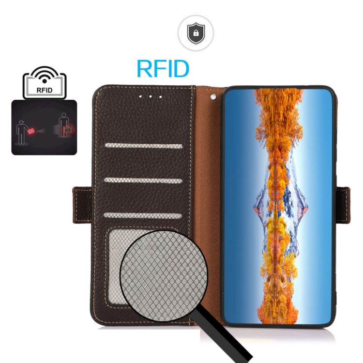 For iPhone 16e KHAZNEH Side-Magnetic Litchi Genuine Leather RFID Case(Brown)