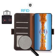 For iPhone 16e KHAZNEH Side-Magnetic Litchi Genuine Leather RFID Case(Brown)