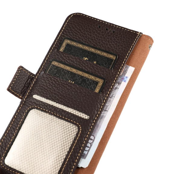 For iPhone 16e KHAZNEH Side-Magnetic Litchi Genuine Leather RFID Case(Brown)