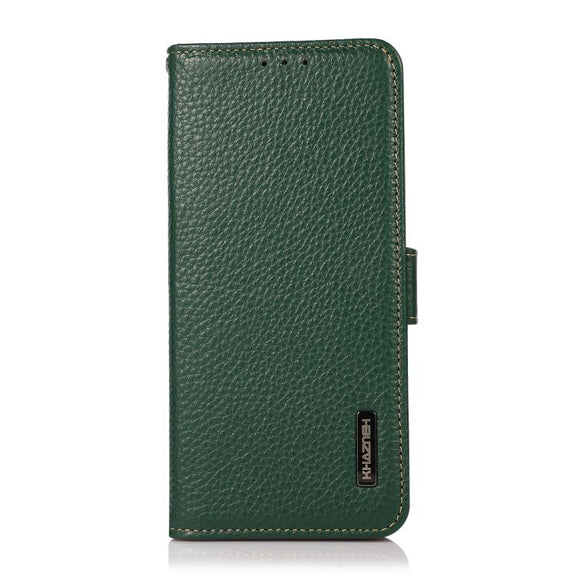 For iPhone 17 KHAZNEH Side-Magnetic Litchi Genuine Leather RFID Case(Green)