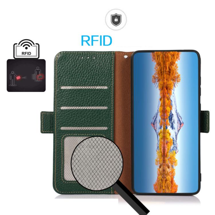 For iPhone 17 KHAZNEH Side-Magnetic Litchi Genuine Leather RFID Case(Green)