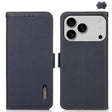 For iPhone 17 Pro KHAZNEH Side-Magnetic Litchi Genuine Leather RFID Case(Blue) - free shipping - PMc TechLife - Order now!