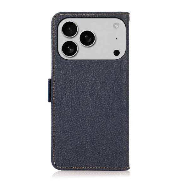 For iPhone 17 Pro KHAZNEH Side-Magnetic Litchi Genuine Leather RFID Case(Blue)
