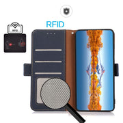 For iPhone 17 Pro KHAZNEH Side-Magnetic Litchi Genuine Leather RFID Case(Blue)