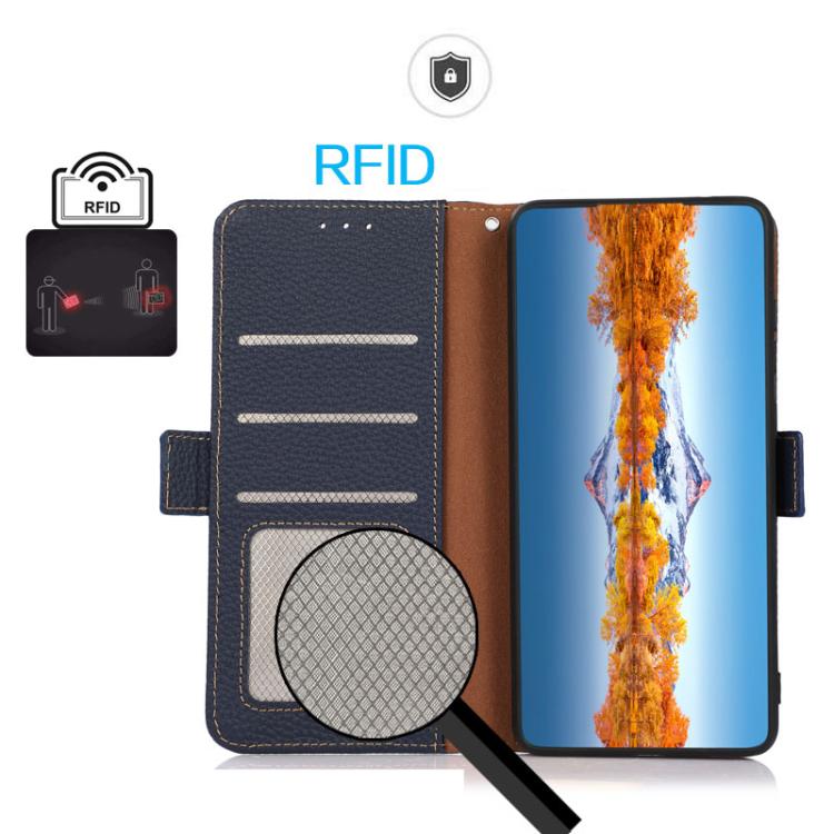 For iPhone 17 Pro KHAZNEH Side-Magnetic Litchi Genuine Leather RFID Case(Blue)