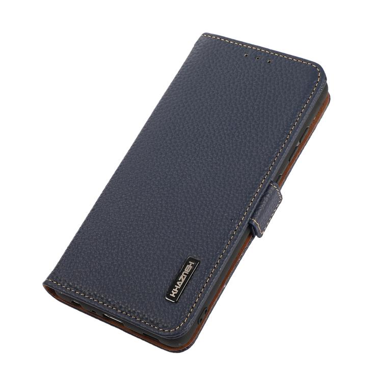 For iPhone 17 Pro KHAZNEH Side-Magnetic Litchi Genuine Leather RFID Case(Blue)