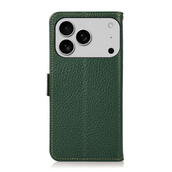 For iPhone 17 Pro KHAZNEH Side-Magnetic Litchi Genuine Leather RFID Case(Green)