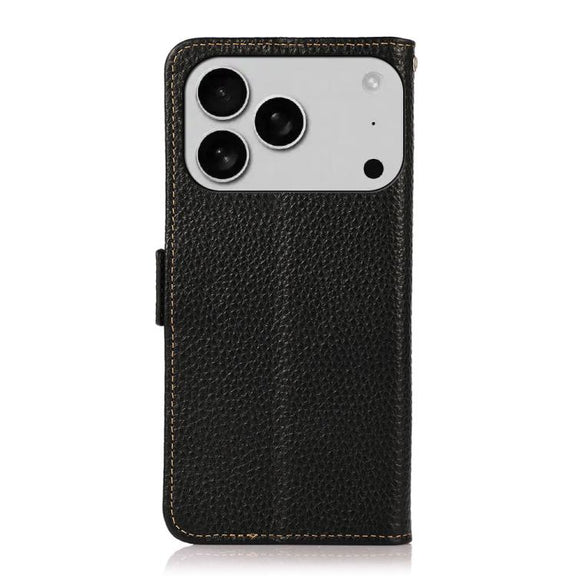 For iPhone 17 Pro Max KHAZNEH Side-Magnetic Litchi Genuine Leather RFID Case(Black)