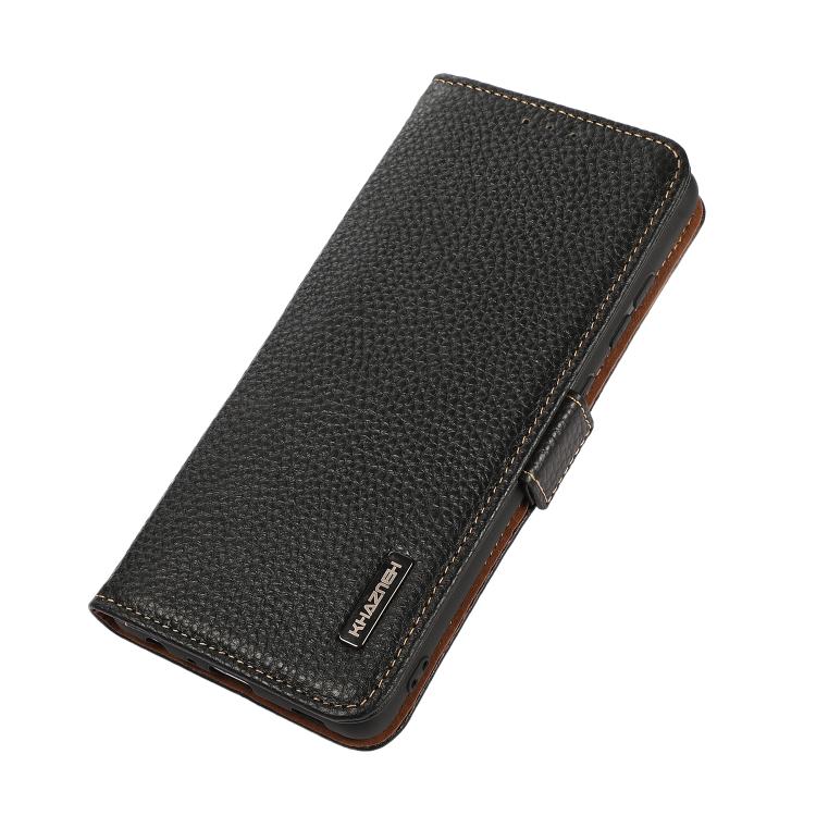 For iPhone 17 Pro Max KHAZNEH Side-Magnetic Litchi Genuine Leather RFID Case(Black)