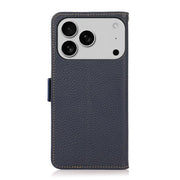 For iPhone 17 Pro Max KHAZNEH Side-Magnetic Litchi Genuine Leather RFID Case(Blue)