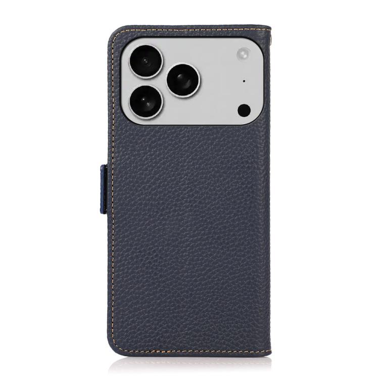For iPhone 17 Pro Max KHAZNEH Side-Magnetic Litchi Genuine Leather RFID Case(Blue)