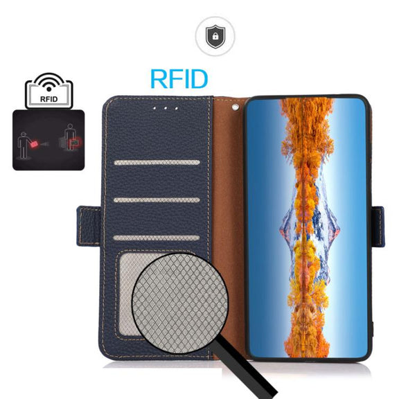 For iPhone 17 Pro Max KHAZNEH Side-Magnetic Litchi Genuine Leather RFID Case(Blue)