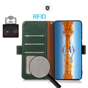 For iPhone 17 Pro Max KHAZNEH Side-Magnetic Litchi Genuine Leather RFID Case(Green)