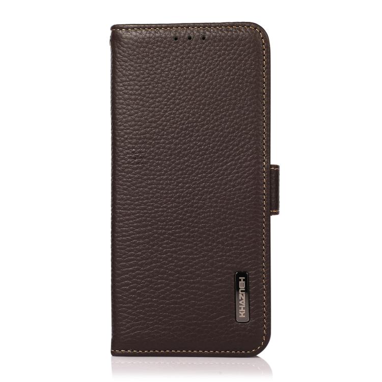 For iPhone 17 Pro Max KHAZNEH Side-Magnetic Litchi Genuine Leather RFID Case(Brown)