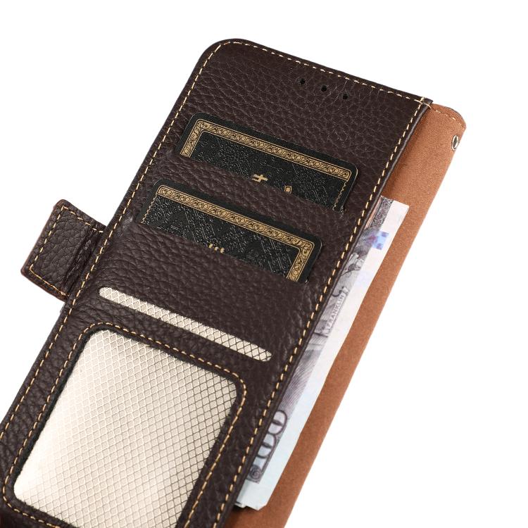 For iPhone 17 Pro Max KHAZNEH Side-Magnetic Litchi Genuine Leather RFID Case(Brown)