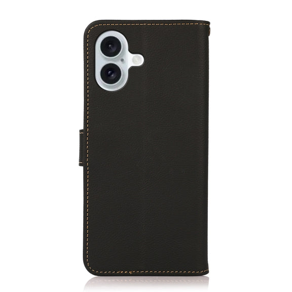 For iPhone 16 Plus KHAZNEH Custer Genuine Leather RFID Phone Case(Black)