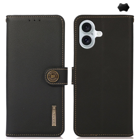 For iPhone 16 Plus KHAZNEH Custer Genuine Leather RFID Phone Case(Black)