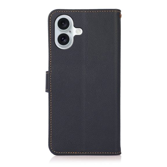 For iPhone 16 Plus KHAZNEH Custer Genuine Leather RFID Phone Case(Blue)
