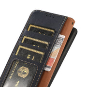 For iPhone 16 Plus KHAZNEH Custer Genuine Leather RFID Phone Case(Blue)