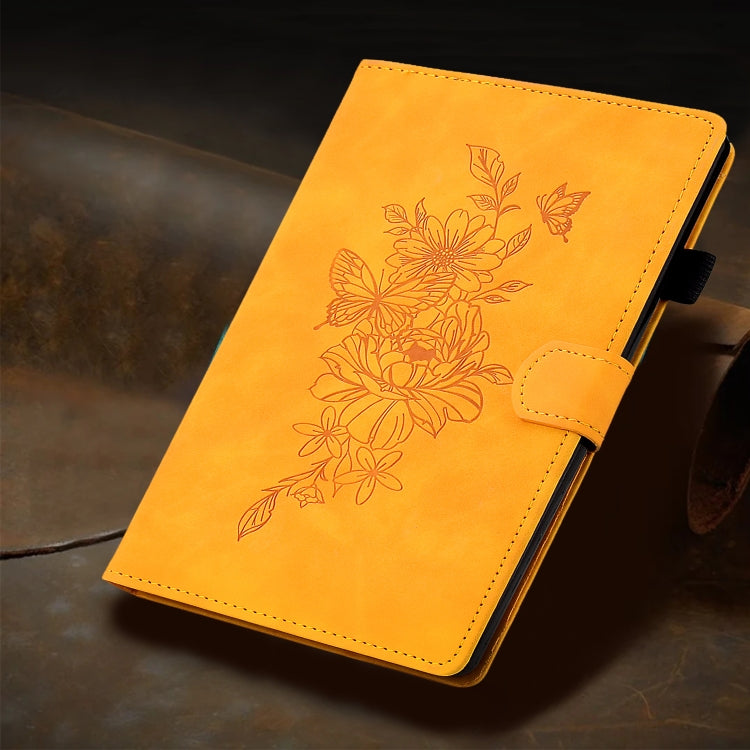 For iPad Pro 11 2024 Peony Butterfly Embossed Leather Smart Tablet Case(Khaki)