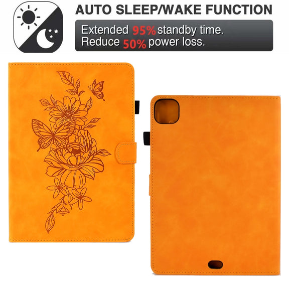 For iPad Pro 11 2024 Peony Butterfly Embossed Leather Smart Tablet Case(Khaki)