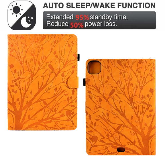 For iPad Pro 11 2024 Fortune Tree Embossed Leather Smart Tablet Case(Khaki)