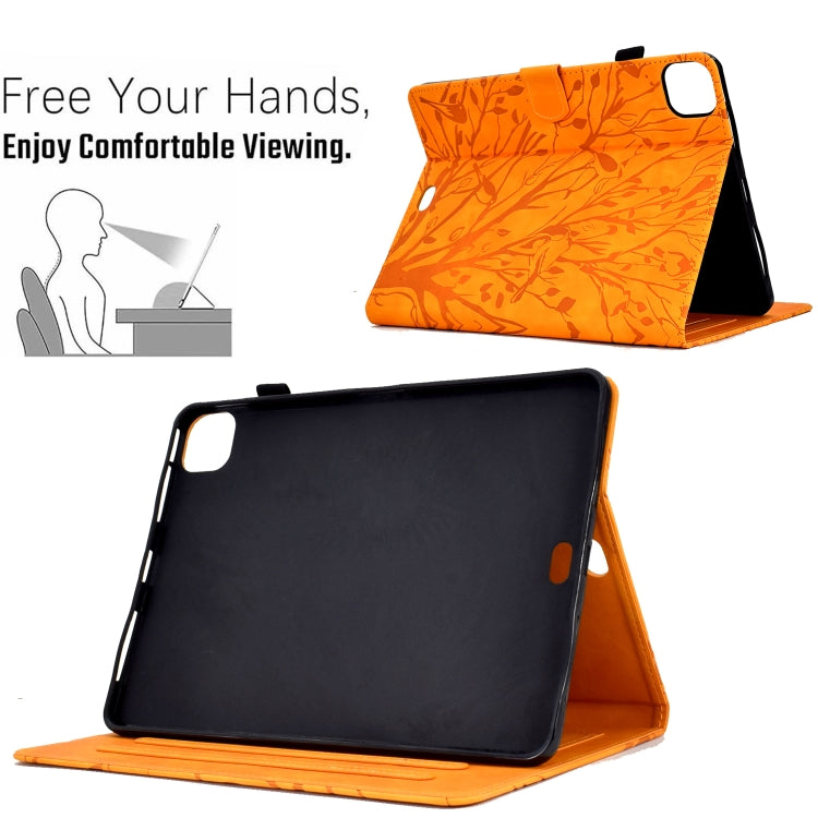 For iPad Pro 11 2024 Fortune Tree Embossed Leather Smart Tablet Case(Khaki)