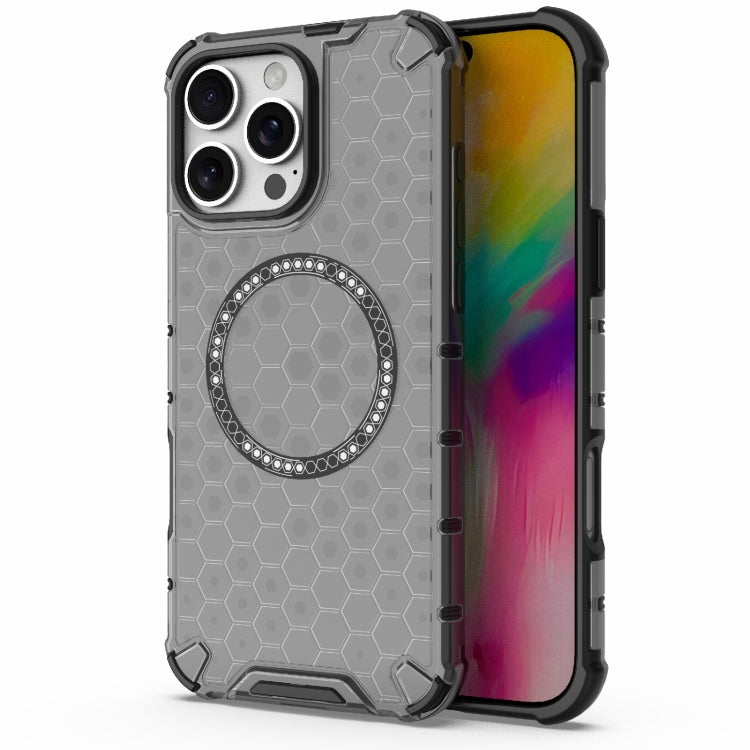 For iPhone 16 Pro Max Honeycomb Magnetic Ring Shockproof Phone Case(Black)