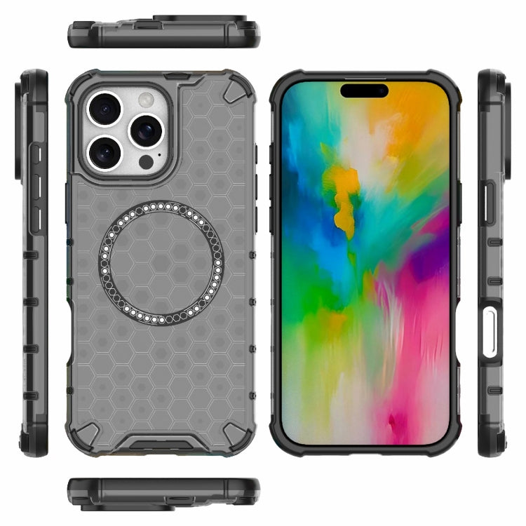 For iPhone 16 Pro Max Honeycomb Magnetic Ring Shockproof Phone Case(Black)