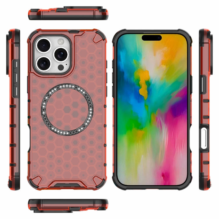 For iPhone 16 Pro Max Honeycomb Magnetic Ring Shockproof Phone Case(Red)