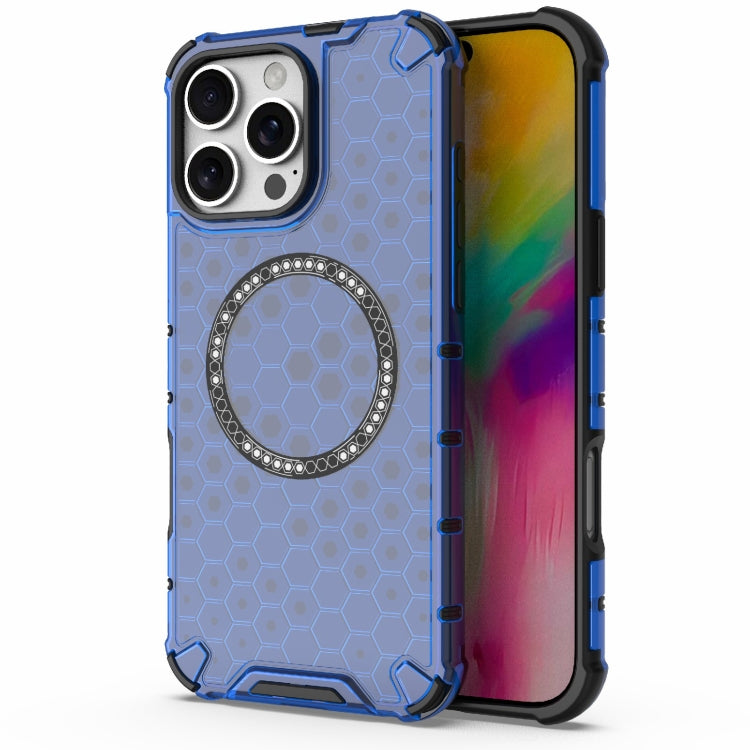For iPhone 16 Pro Max Honeycomb Magnetic Ring Shockproof Phone Case(Blue)