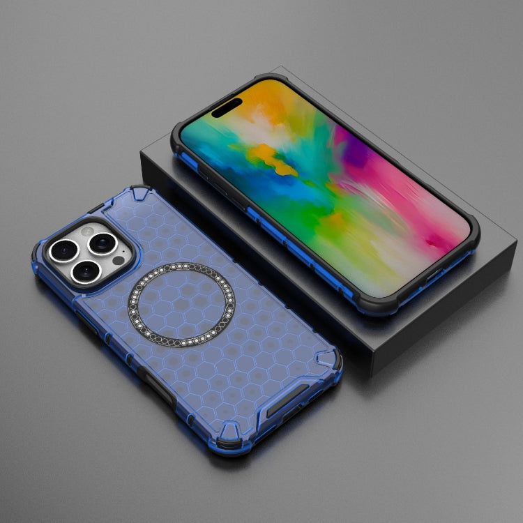 For iPhone 16 Pro Max Honeycomb Magnetic Ring Shockproof Phone Case(Blue)