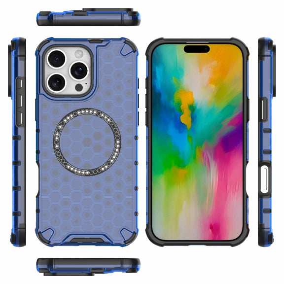 For iPhone 16 Pro Max Honeycomb Magnetic Ring Shockproof Phone Case(Blue)
