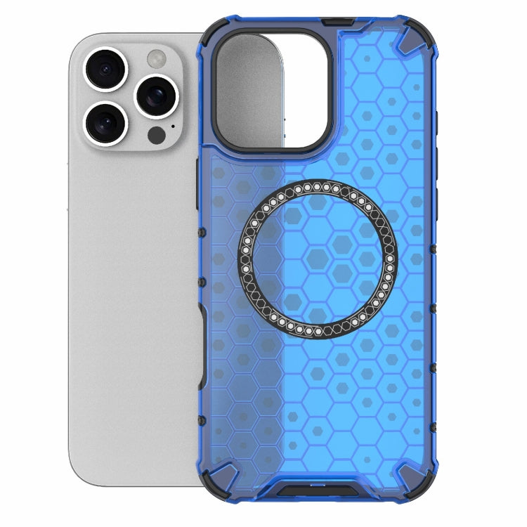 For iPhone 16 Pro Max Honeycomb Magnetic Ring Shockproof Phone Case(Blue)