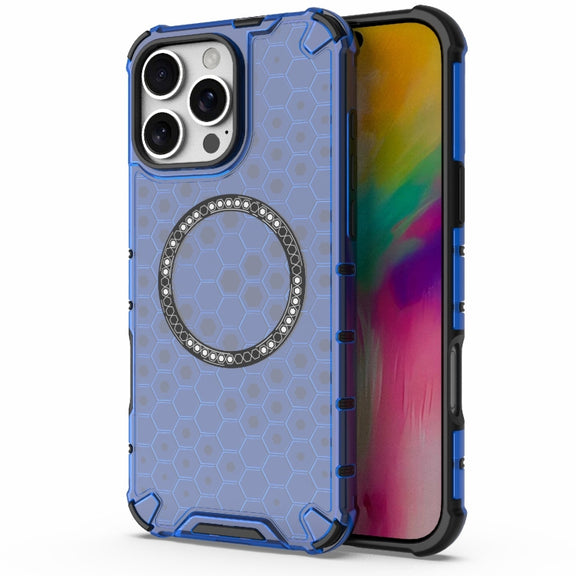 For iPhone 16 Pro Max Honeycomb Magnetic Ring Shockproof Phone Case(Blue)