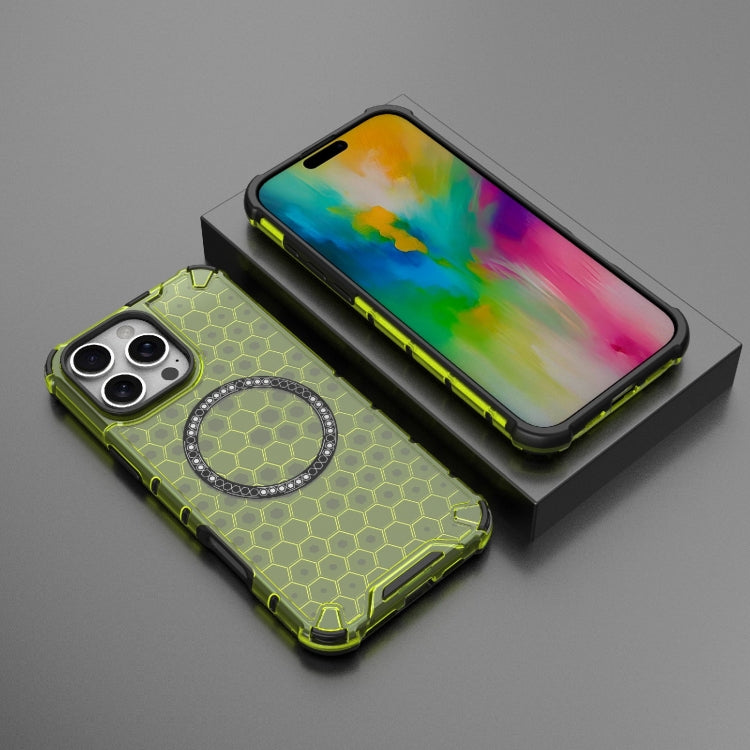 For iPhone 16 Pro Max Honeycomb Magnetic Ring Shockproof Phone Case(Green)
