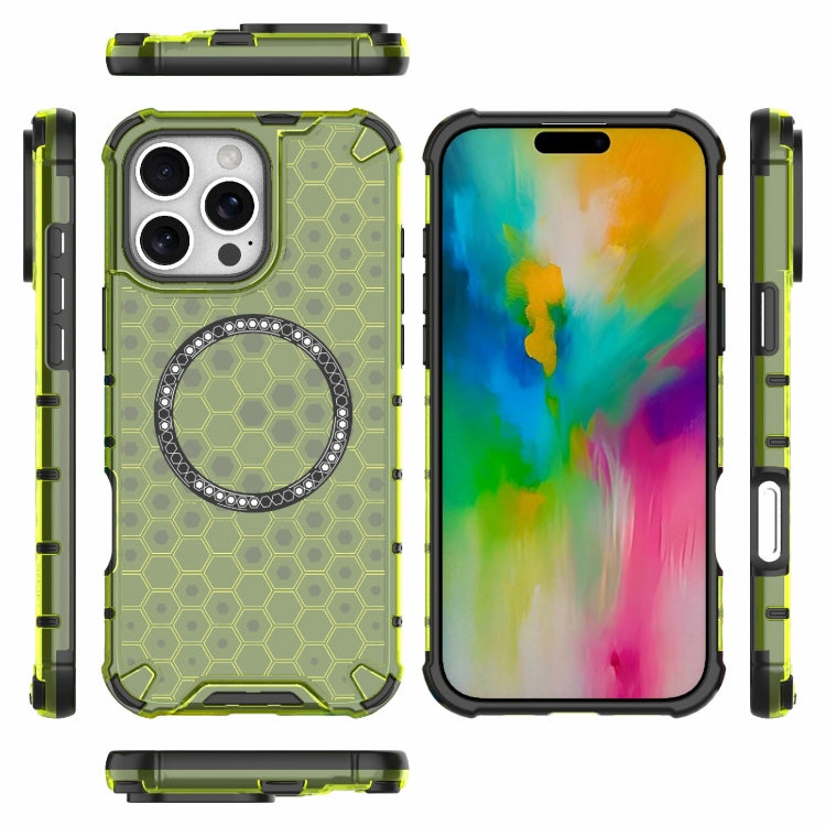For iPhone 16 Pro Max Honeycomb Magnetic Ring Shockproof Phone Case(Green)