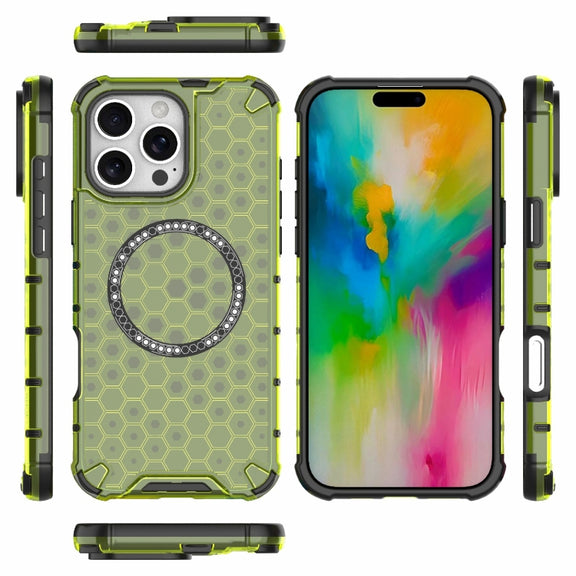 For iPhone 16 Pro Max Honeycomb Magnetic Ring Shockproof Phone Case(Green)
