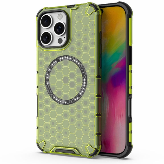 For iPhone 16 Pro Max Honeycomb Magnetic Ring Shockproof Phone Case(Green)