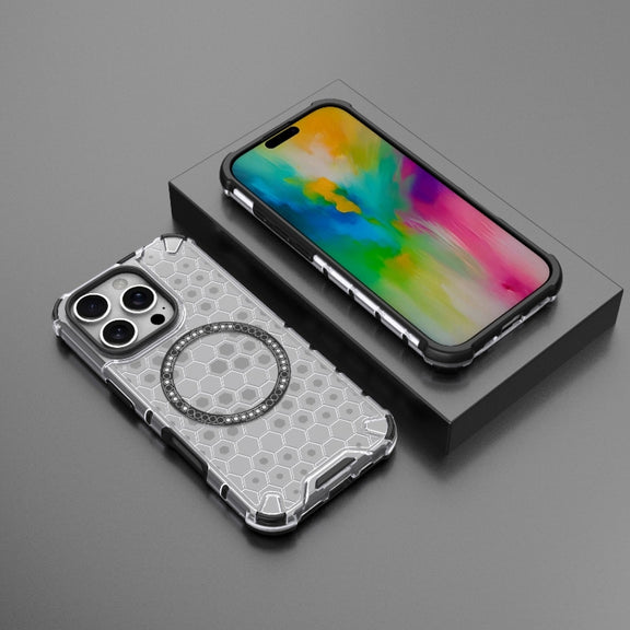 For iPhone 16 Pro Honeycomb Magnetic Ring Shockproof Phone Case(White)