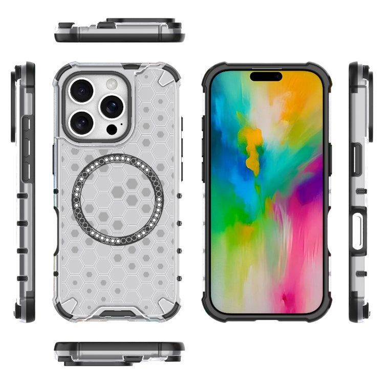 For iPhone 16 Pro Honeycomb Magnetic Ring Shockproof Phone Case(White)