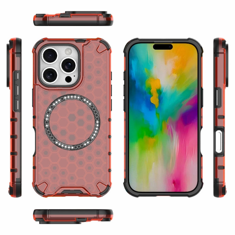 For iPhone 16 Pro Honeycomb Magnetic Ring Shockproof Phone Case(Red)