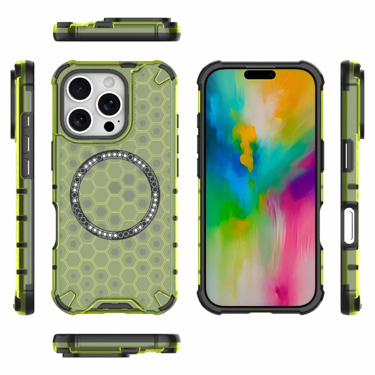For iPhone 16 Pro Honeycomb Magnetic Ring Shockproof Phone Case(Green)