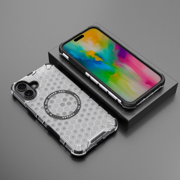 For iPhone 16 Plus Honeycomb Magnetic Ring Shockproof Phone Case(White)