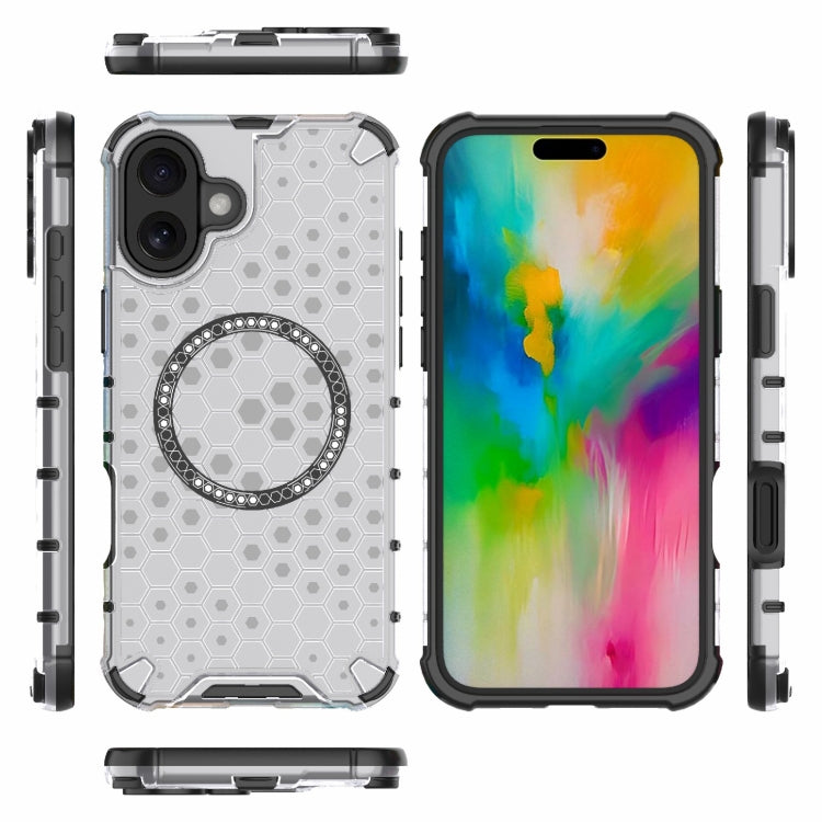 For iPhone 16 Plus Honeycomb Magnetic Ring Shockproof Phone Case(White)