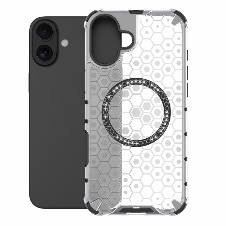 For iPhone 16 Plus Honeycomb Magnetic Ring Shockproof Phone Case(White)