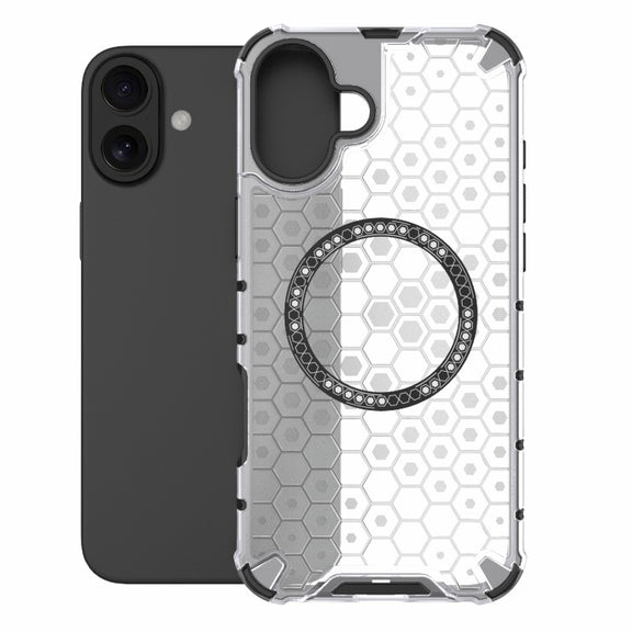 For iPhone 16 Plus Honeycomb Magnetic Ring Shockproof Phone Case(White)