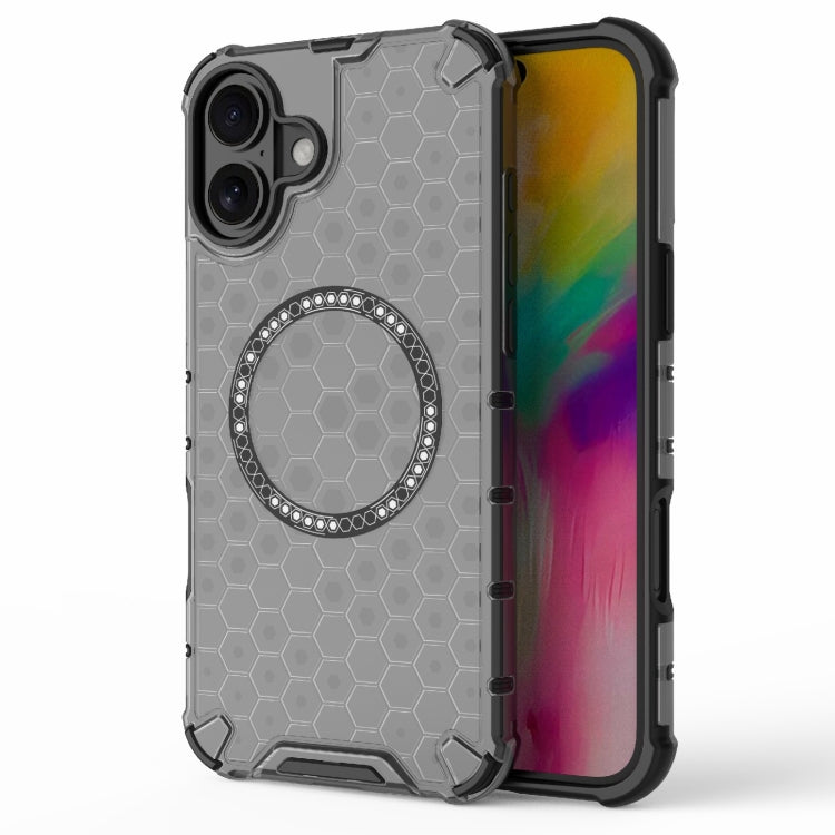 For iPhone 16 Plus Honeycomb Magnetic Ring Shockproof Phone Case(Black)