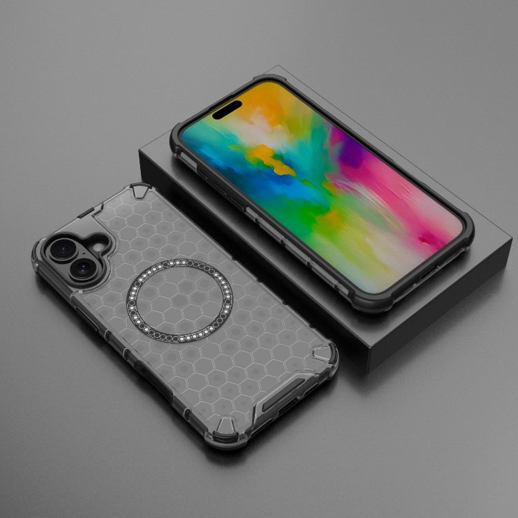 For iPhone 16 Plus Honeycomb Magnetic Ring Shockproof Phone Case(Black)